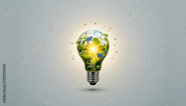 Fototapeta A glowing light bulb with nature, solar panels, and wind turbines inside, representing clean and renewable energy on a white background.