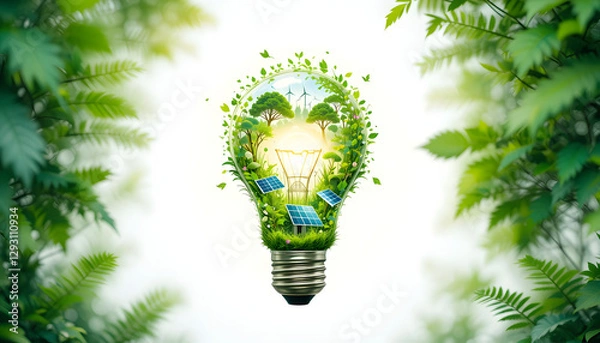 Fototapeta A glowing light bulb with nature, solar panels, and wind turbines inside, representing clean and renewable energy on a white background.