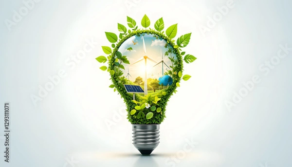 Fototapeta A glowing light bulb with nature, solar panels, and wind turbines inside, representing clean and renewable energy on a white background.