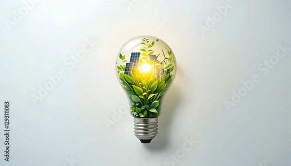 Fototapeta A glowing light bulb with nature, solar panels, and wind turbines inside, representing clean and renewable energy on a white background.