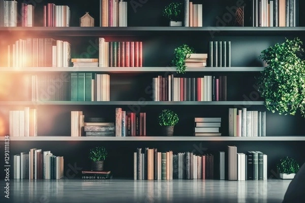 Fototapeta Bright Modern Home Office Background With Books and Plants Creating A Cozy Atmosphere For Online Presentations
