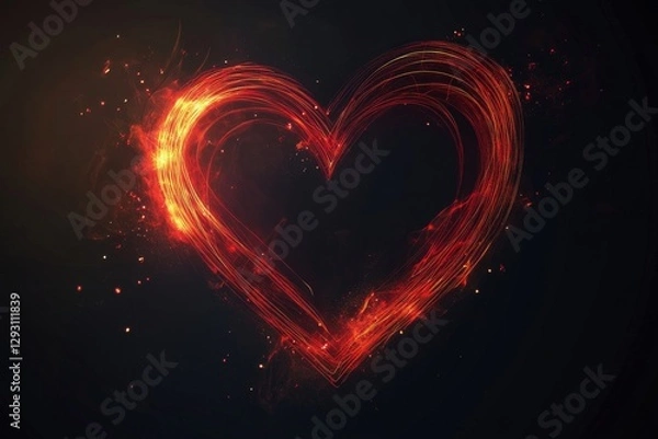 Fototapeta A red heart-shaped vector graphic on a black background, with glowing light effects,