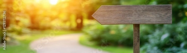 Fototapeta A wooden signpost stands along a winding path, illuminated by warm sunlight, surrounded by lush greenery and a serene natural setting.