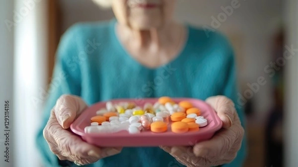 Fototapeta Close up of Elderly Woman Arranging and Organizing Her Medications on a Tray Focused on Her Daily Healthcare Routine and Wellness Management