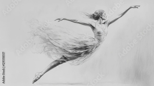 Fototapeta A monochrome pencil sketch of a ballerina mid-pirouette, AI Generative.
