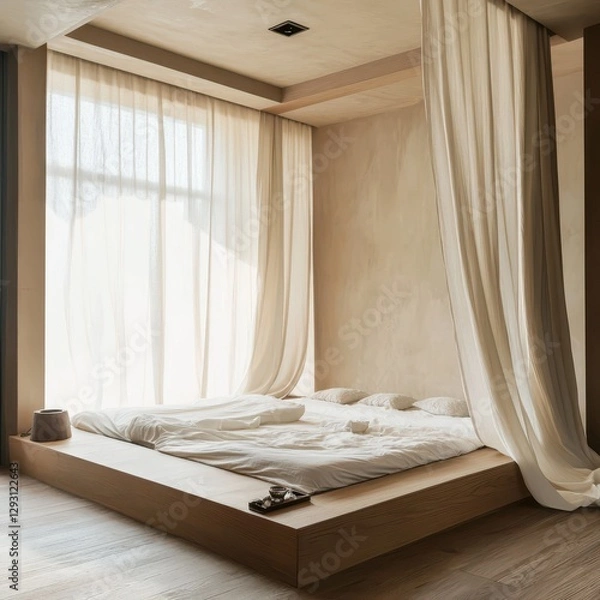 Fototapeta A minimalist bedroom is displayed with soft neutral colors