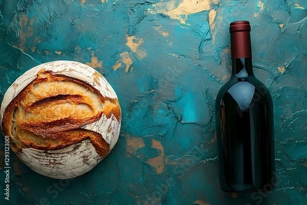 Fototapeta Still life featuring a bottle of wine and artisan bread on a wooden surface, emphasizing texture, warmth, and elegance, book illustration style