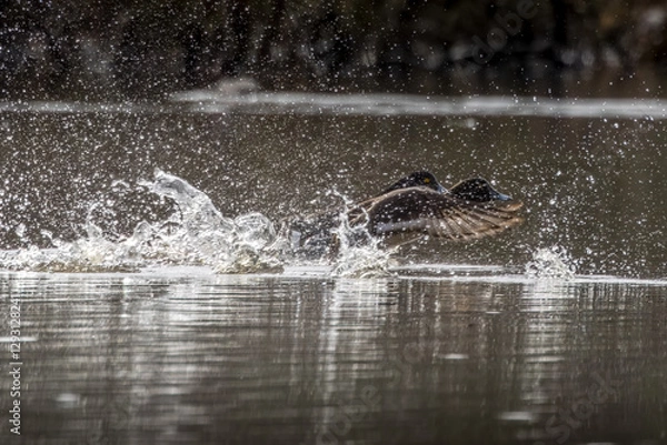Fototapeta A beautiful little duck starting from a lake in Bourges, France at a cloudy day in spring.