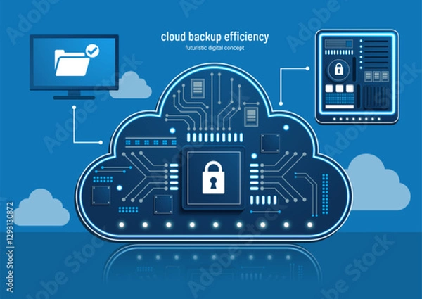 Obraz Secure data transfer and encrypted AI backup between edge devices and cloud storage. Elegant vector illustration for cybersecurity concepts. Not AI-generated.