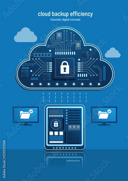 Obraz Digital cloud with edge nodes securing data backups. illuminated circuits and technology connections. Elegant vector illustration for cybersecurity and network security. Not AI generated.