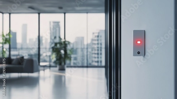 Fototapeta Carbon monoxide sensor flashing in a modern apartment with glass windows. Featuring caution and safety