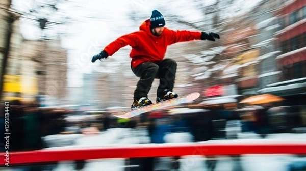 Fototapeta Snowboarder performing an aerial trick over a ramp in a snowy city street.