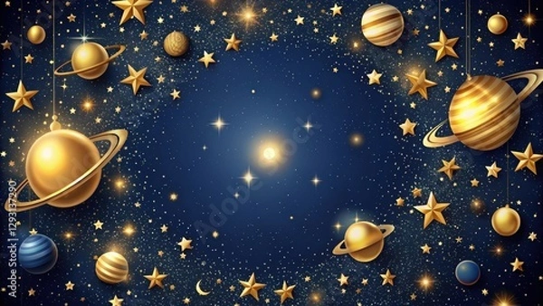 Fototapeta Golden Galaxy wallpaper with elegant stars and planets in a dark blue background, planetary, spaceful,  planetary,spaceful