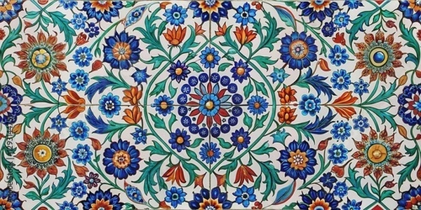 Fototapeta Intricate floral patterns on a traditional Turkish ceramic tile, featuring a mix of colorful flowers and leaves in a curved design, Turkish ceramics, Geometric patterns