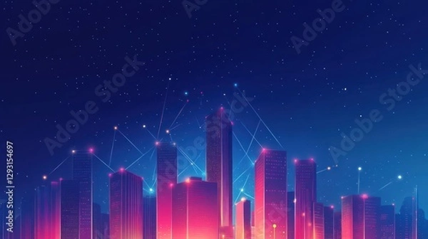 Fototapeta Futuristic city skyline at night, network connections, website banner