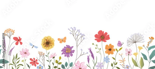 Fototapeta Spring and summer flower pattern seamless background vector. Hand drawn botanical floral, daisy, wildflower, eucalyptus leaves, butterfly. Design for wallpaper, banner, print, website. 