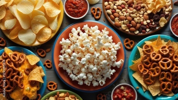 Obraz Assorted snacks displayed on colorful plates for a festive gathering
