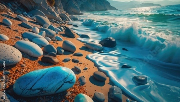 Fototapeta Serene sandy beach with colorful sea stones and gentle waves at sunrise in Greece showcasing coastal beauty and tranquility.