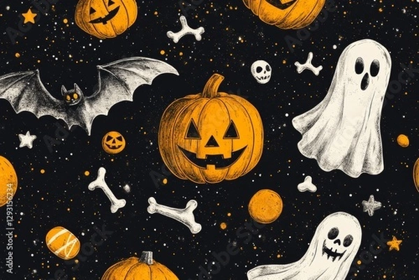 Fototapeta Spooky Halloween pattern featuring pumpkins, ghosts, bats, and skeletons on a dark background