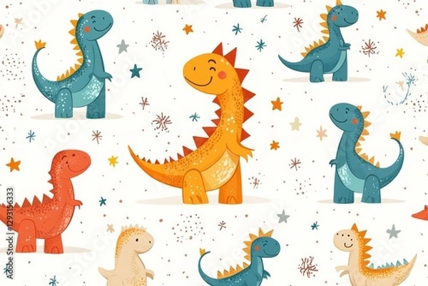 Fototapeta Colorful cartoon dinosaurs playfully arranged on a whimsical background with stars and snowflakes in a lively and cheerful pattern