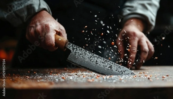 Obraz Chef Chopping Spices on Wooden Board in Dark Kitchen