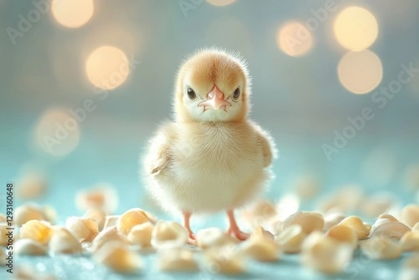 Obraz Cute chick standing on popcorn kernels with blurred lights in the background during daytime