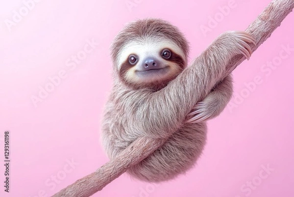 Fototapeta Cute sloth hanging on a branch with a playful expression against a pink background