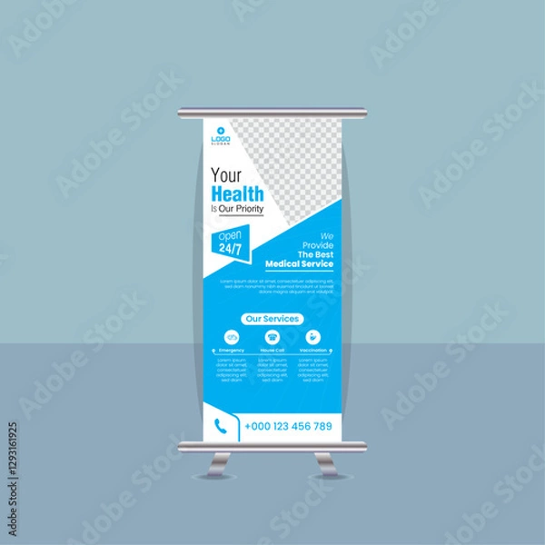Fototapeta Medical Roll up banner stand template design, Hospital rollup banner design template, Healthcare rollup banner design template. corporate x banner design.