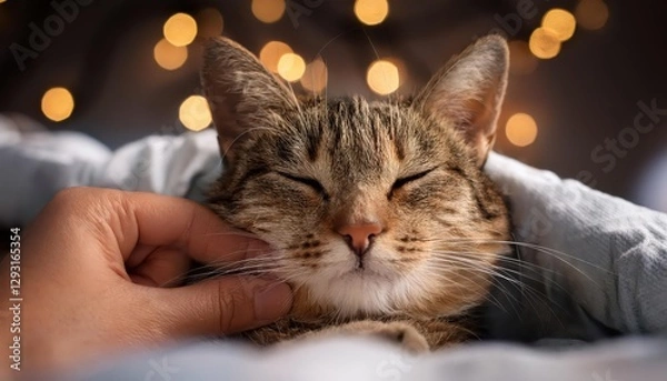 Fototapeta Cozy Morning Adorable White Cat Cuddles in Bed, Basking in Warm Light, Embracing Soft Textures and Quiet Serenity.