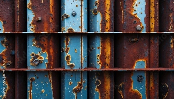 Fototapeta Weathered rusty metal panel textures with vibrant blue and orange hues ideal for backgrounds and design projects.