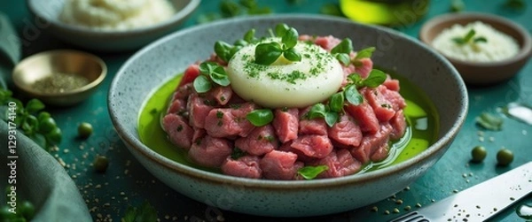 Fototapeta Modern steak tartare with green oil and parmesan foam elegantly presented in a bowl, garnished with fresh herbs and vibrant colors.