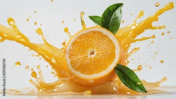Fototapeta Dynamic splash of fresh orange juice with slice and leaves on white background showcasing vibrant citrus essence and refreshing visuals.
