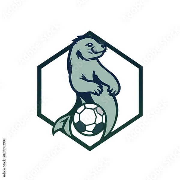 Fototapeta A sealion playing football, forming the core of a geometric, clean-lined logo, balanced and symmetrical, with a blurred bokeh effect and sharp focus against a soft background
