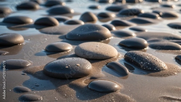 Fototapeta Scenic view of smooth pebbles glistening on wet sand under soft sunlight creating a tranquil beach ambiance perfect for relaxation themes