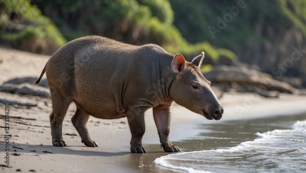 Fototapeta South American Tapir Standing By Ocean Shoreline With Space For Text Overlay In A Serene Natural Environment