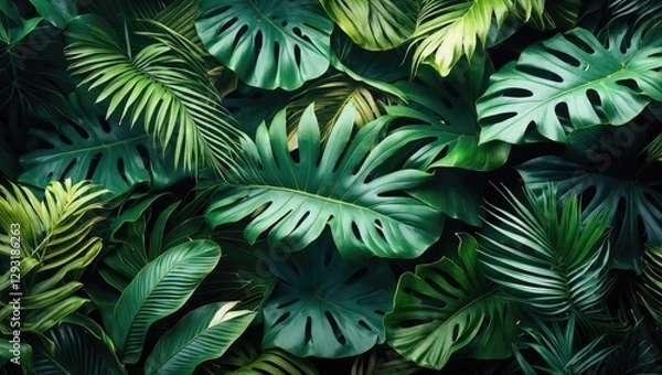 Obraz Lush Tropical Foliage Background with Diverse Green Leaves Creating a Vibrant Nature Scene