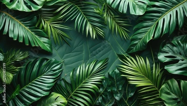 Fototapeta Lush tropical green leaves overlapping for a vibrant textured natural background ideal for botanical or tropical-themed designs.