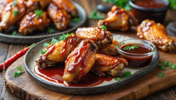 Fototapeta Spicy Grilled Chicken Wings Glazed with Barbecue Sauce Served on Rustic Plate with Fresh Herbs and Dipping Sauce