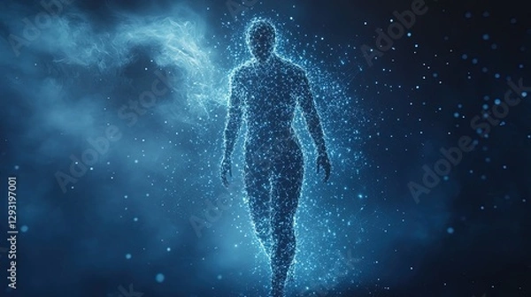 Obraz Futuristic human silhouette dissolving into particles, representing quantum teleportation 