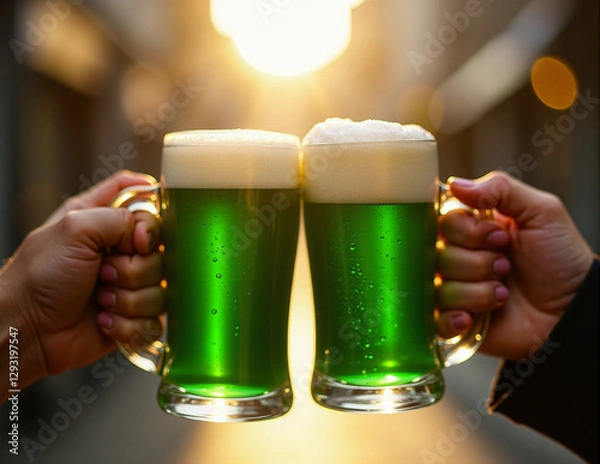 Obraz Picture of hands toasting with green beer in Saint Patrick's Day celebration. Generative AI