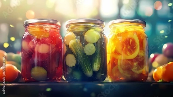 Fototapeta Assorted pickled vegetables in a traditional setting, featuring cucumbers, carrots, peppers, and cabbage in rustic containers, showcasing homemade preservation, vintage poster style