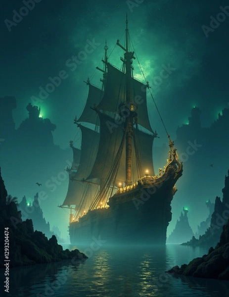 Obraz  Generated image of majestic ship sailing through a starry, cloudy night sky