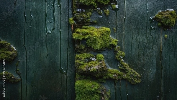 Fototapeta Mossy green wall with wet texture creating a natural and organic backdrop ideal for backgrounds and wallpaper designs.