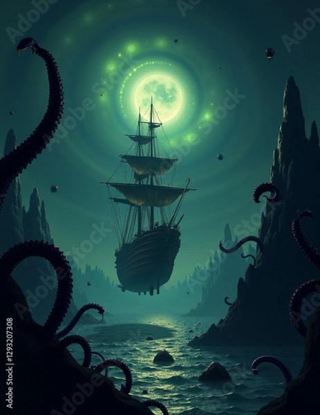 Obraz  Generated image of majestic ship sailing through a starry, cloudy night sky