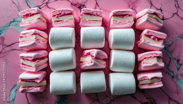 Fototapeta Colorful marshmallows arranged neatly on a pink marble background emphasizing sweet treats and dessert themes in a flat lay composition.