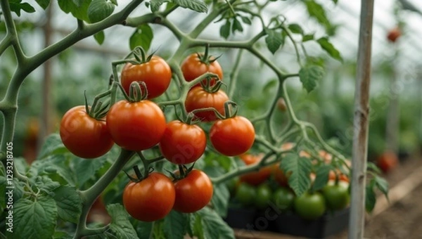 Obraz Vibrant Ripe Tomatoes Hanging from a Lush Branch Inside a Greenhouse with a Background of Green Plants and Natural Light