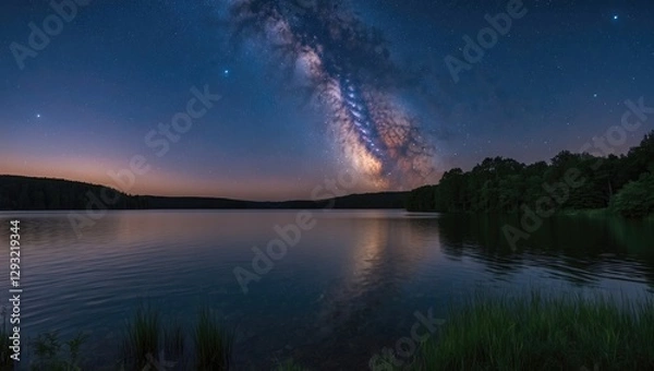 Fototapeta Milky Way Over Serene Lake at Night with Tranquil Water Reflections and Space for Text