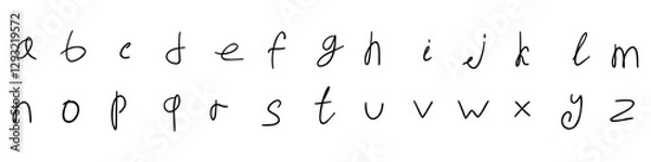 Fototapeta Italic cursive english latin abc alphabet lower case font handwritten A to Z collection. Vector illustration in doodle style isolated white background. For kids book, typography, logo, card, menu.
