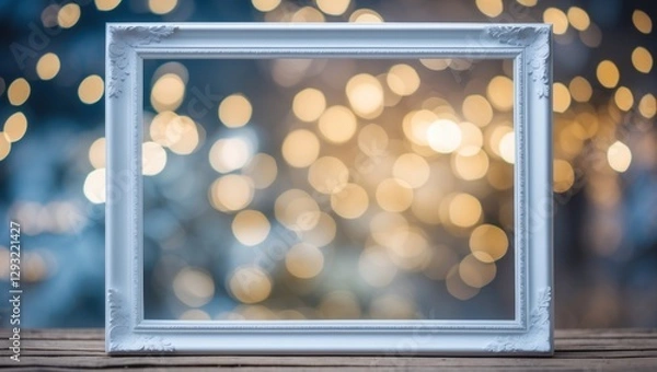 Fototapeta Elegant white frame with blank space on wooden surface, surrounded by a dreamy bokeh light background for artistic or decorative use.