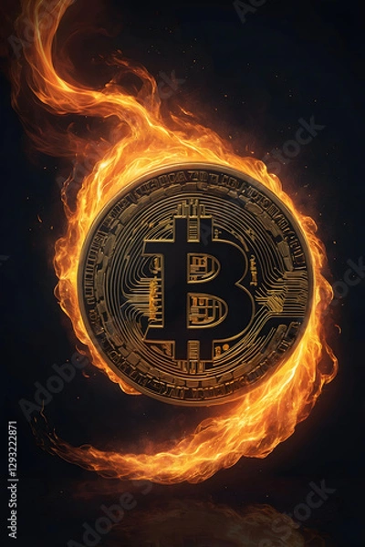 Obraz Golden Bitcoin with Fire Flame.